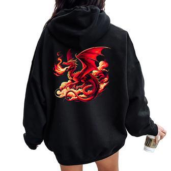Mythical Red Dragon Breathes Fire On Clouds Boy Girl Dragon Women Oversized Hoodie Back Print - Seseable