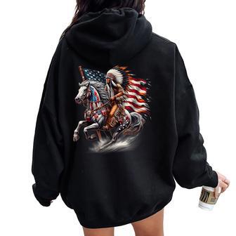 Native American Day Flag Indian Riding Horse 4Th Of July Women Oversized Hoodie Back Print - Monsterry UK