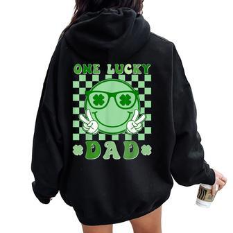 One Lucky Dad Groovy Smile Face St Patrick's Day Irish Dad Women Oversized Hoodie Back Print - Thegiftio UK