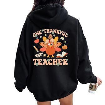 One Thankful Teacher Thanksgiving Retro Groovy Fall Teachers Women Oversized Hoodie Back Print - Thegiftio UK