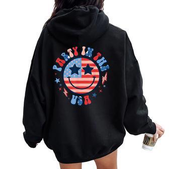Party In The Usa Groovy Happy Face Patriotic Women Oversized Hoodie Back Print - Thegiftio UK