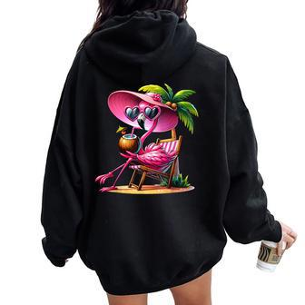 Pink Flamingo Summer Vibes Beach Palm Tree Summer Vacation Women Oversized Hoodie Back Print - Monsterry AU