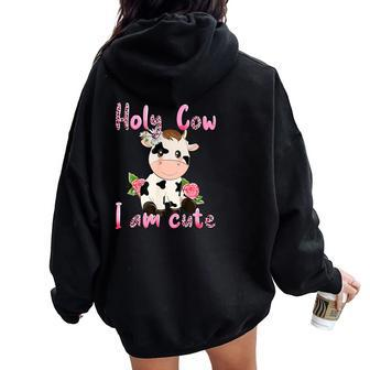Pink Vintage Holy Cow I'm Cute Moo Cow Mama Leopard Floral Women Oversized Hoodie Back Print - Monsterry