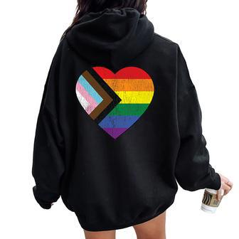 Progress Pride Flag Vintage Rainbow Heart Love Lgbt Pocket Women Oversized Hoodie Back Print - Monsterry