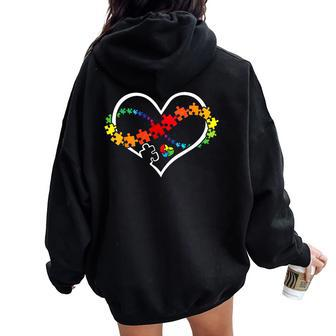 Puzzle Heart Autism Awareness Support Teacher Family Mom Women Oversized Hoodie Back Print | Mazezy CA
