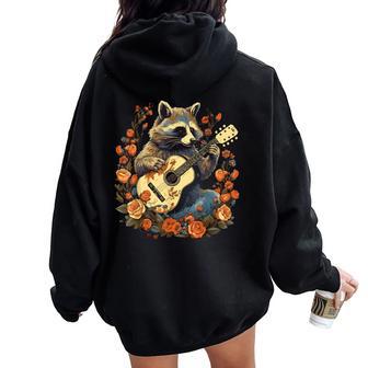 Raccoon Playing Guitar Cottagecore Floral Racoon Animal Women Oversized Hoodie Back Print - Monsterry