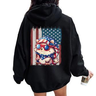 Retro American Flag Hedgehog Dad Mom 4Th Of July Women Oversized Hoodie Back Print - Monsterry UK