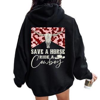 Retro Bull Skull Western Country Save A Horse Ride A Cowboy Women Oversized Hoodie Back Print - Monsterry DE