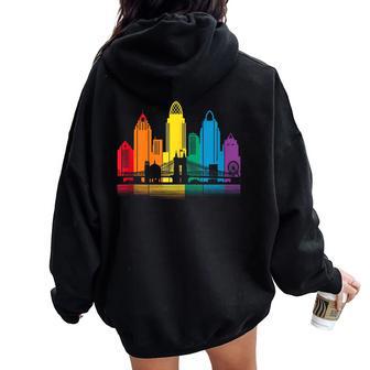 Retro Cincinnati Skyline Rainbow Lgbt Lesbian Gay Pride Women Oversized Hoodie Back Print - Monsterry CA