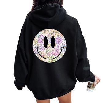 Retro Flower Happy Face Checkered Pattern Smile Face Trendy Women Oversized Hoodie Back Print - Thegiftio