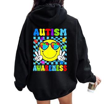 Retro Groovy Autism Awareness Hippie Smile Face Boy Girl Kid Women Oversized Hoodie Back Print - Monsterry UK