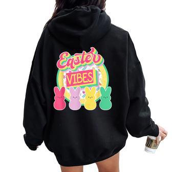 Retro Groovy Easter Vibes Bunny Rabbit Hunting Eggs Family Women Oversized Hoodie Back Print | Mazezy