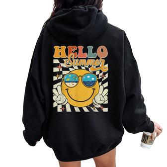 Retro Groovy Hello Summer Smile Face Hello Beach Vacation Women Oversized Hoodie Back Print - Monsterry