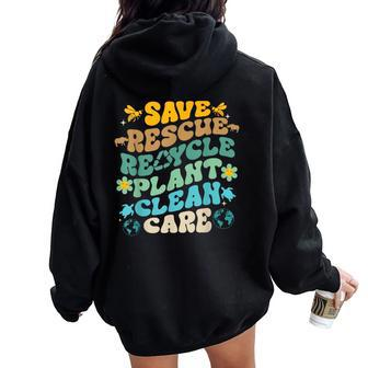 Retro Groovy Save Bees Rescue Animals Recycle Fun Earth Day Women Oversized Hoodie Back Print - Monsterry