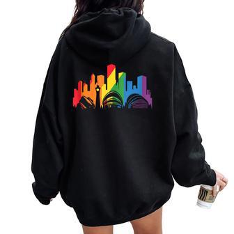 Retro Lgbt Rainbow Denver Skyline Lesbian Gay Pride Women Oversized Hoodie Back Print - Monsterry UK