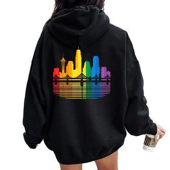 Retro Oakland Skyline Rainbow Lgbt Lesbian Gay Pride Women Oversized Hoodie Back Print - Monsterry