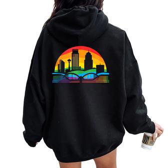 Retro Omaha Skyline Rainbow Lgbt Lesbian Gay Pride Women Oversized Hoodie Back Print - Monsterry CA