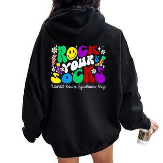 Rock Your Socks Down Syndrome Awareness Day Groovy Wdsd Women Oversized Hoodie Back Print - Seseable