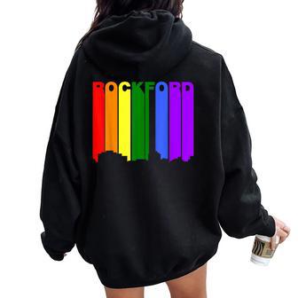 Rockford Illinois Lgbtq Gay Pride Rainbow Skyline Women Oversized Hoodie Back Print - Monsterry CA