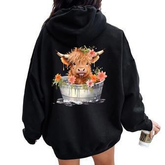 Scottish Baby Highland Cow Cattle Farm Floral Cute Cow Lover Women Oversized Hoodie Back Print - Monsterry