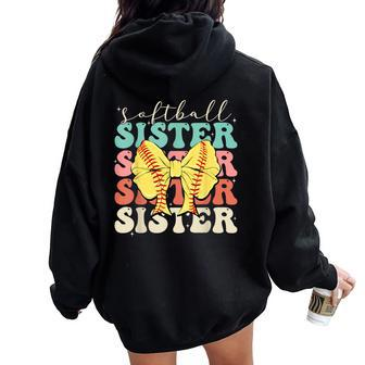 Softball Sister Vintage Sport Lover Sister Mothers Da Women Oversized Hoodie Back Print - Seseable