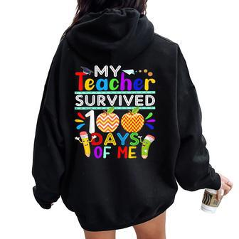 My Teacher Survived 100 Days Of Me Happy 100Th Day Of School Women Oversized Hoodie Back Print | Mazezy