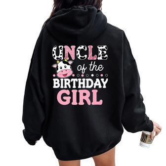 Uncle Of The Birthday Girl Farm Cow Daddy Papa 1St Women Oversized Hoodie Back Print - Thegiftio UK
