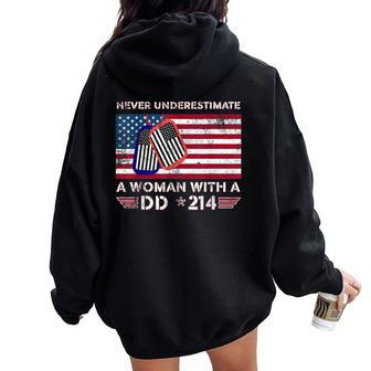 Never Underestimate A Woman With A Dd 214-Patriotic Usa Flag Women Oversized Hoodie Back Print | Mazezy CA