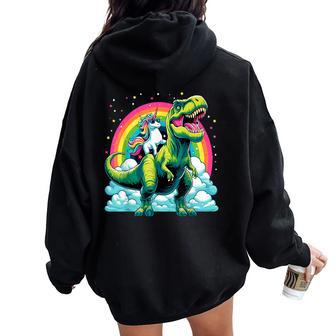 Unicorn Rainbow Birthday Party Unicorn Riding Dinosaur Women Oversized Hoodie Back Print - Seseable