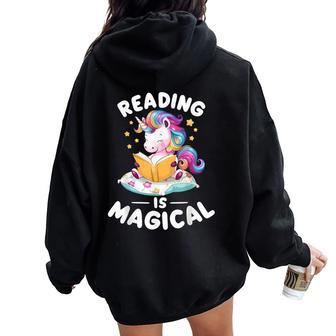 Unicorn Teacher Reading Is Magical Book Women Oversized Hoodie Back Print - Seseable
