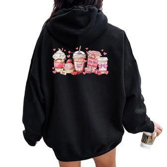 Valentines Day Pink Coffee Cups Latte Iced Cream Cute Hearts Women Oversized Hoodie Back Print | Mazezy