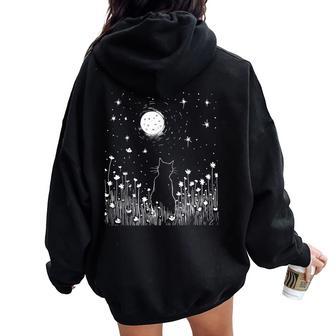 Vintage Cat And Moon Flowers Garden Nature Lover Women Women Oversized Hoodie Back Print - Monsterry