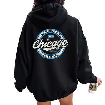 Vintage Chicago Illinois Flag City Skyline Women Women Oversized Hoodie Back Print - Thegiftio UK