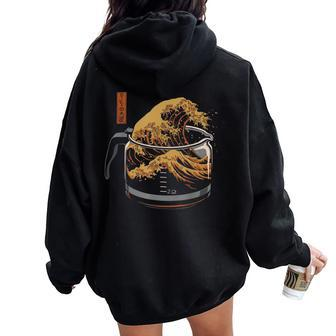 Vintage The Great Wave Of Coffee Start Day With Coffee Women Oversized Hoodie Back Print - Monsterry AU