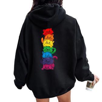 Vintage Lgbt Cat Stack Rainbow Gay Pride For Cat Lover Women Oversized Hoodie Back Print - Monsterry AU