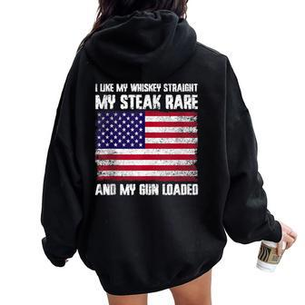 Vintage Patriotic Whiskey Steak Guns Freedom Whiskey Lover Women Oversized Hoodie Back Print - Monsterry CA