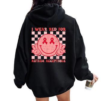 I Wear Red For Instead Autism-Acceptance Groovy Smile Face Women Oversized Hoodie Back Print - Seseable
