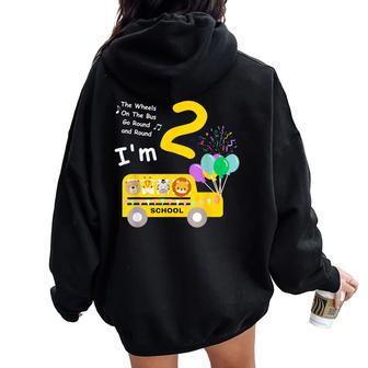 Wheels On The Bus 2 Years Old Birthday Party Boy Girl Family Women Oversized Hoodie Back Print - Seseable