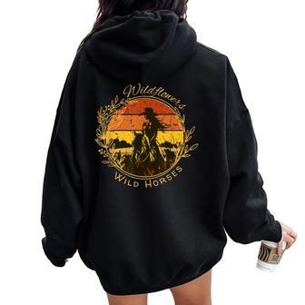 Wild Flowers And Wild Horses Vintage Sunset Country Cowgirl Women Oversized Hoodie Back Print - Seseable