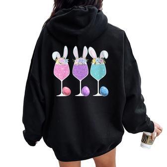 Women's Easter Wine Glasses With Bunny Ears And Eggs Women Oversized Hoodie Back Print - Thegiftio UK