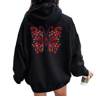Butterfly Red Buffalo Plaid Christmas Tree Lights Women Oversized Hoodie Back Print - Monsterry