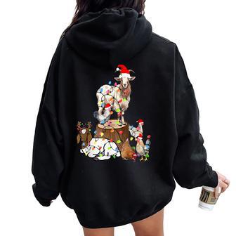 Goat Chicken Santa Hat Reindeer Christmas Lights Farm Animal Women Oversized Hoodie Back Print - Monsterry