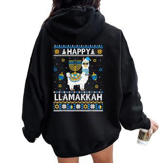Happy Llamakkah Llama Alpaca Hanukkah Ugly Sweater Chanukah Women Oversized Hoodie Back Print | Mazezy