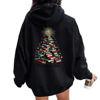 Merry Christmas Tree Love Reading Books Librarian Women Women Oversized Hoodie Back Print - Seseable