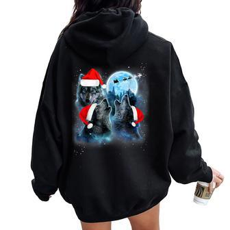 Three Wolves Howling Under Moon Christmas Santa Wolf Lover Women Oversized Hoodie Back Print | Mazezy
