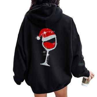Wine Glasses Santa Hat Bling Christmas Wine Lover Women Oversized Hoodie Back Print - Thegiftio UK