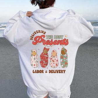 Retro Christmas Labor And Delivery Nurse Mother Baby Nurse Women Oversized Hoodie Back Print - Monsterry