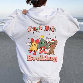 Retro Groovy Jingle Rock Bell Merry Christmas Hippie Outfit Women Oversized Hoodie Back Print | Mazezy