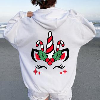 Unicorn Face Christmas Candy Cane Toddler Kid Girl Pjs Women Oversized Hoodie Back Print - Monsterry AU