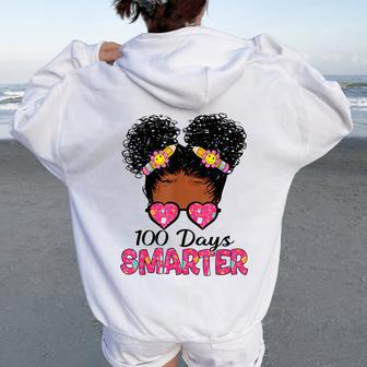 100 Days Smarter Black Girl Messy Bun 100Th Day Of School Women Oversized Hoodie Back Print - Seseable